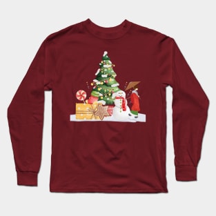 Woman and Snowman with Christmas Tree Long Sleeve T-Shirt